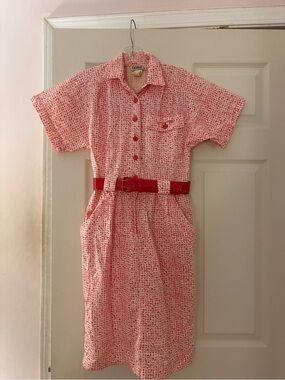 Red & white midi dress with belt size adult 4